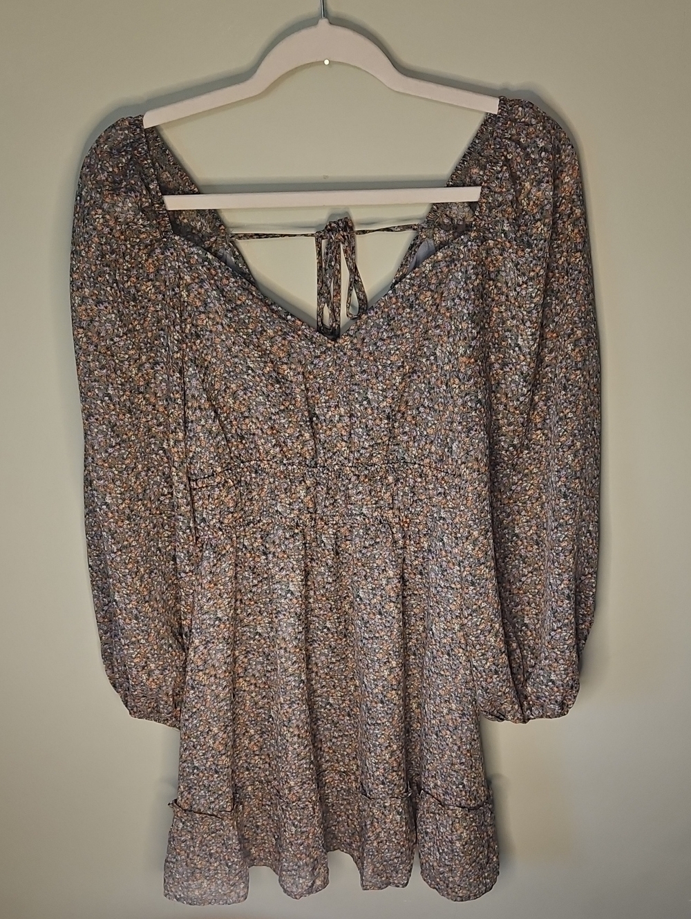 Smocked Long-Sleeve Floral Mini Dress in Blue and Brown